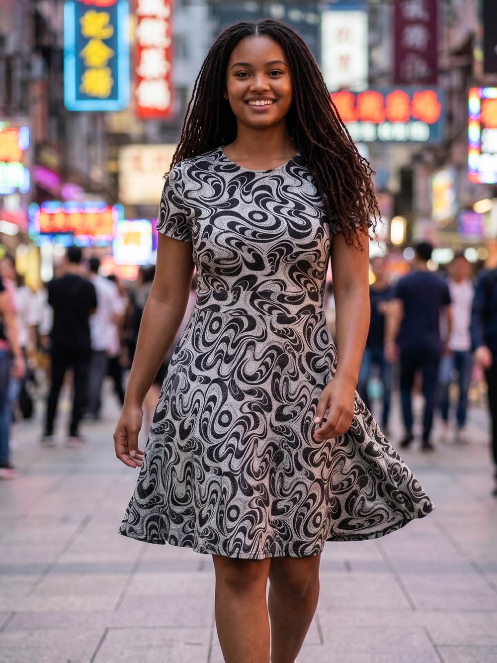 Black & White Swirl Short Sleeve Mini Dress